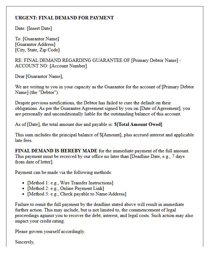 Guarantor Liability Final Demand Letter for Defaulted Account
