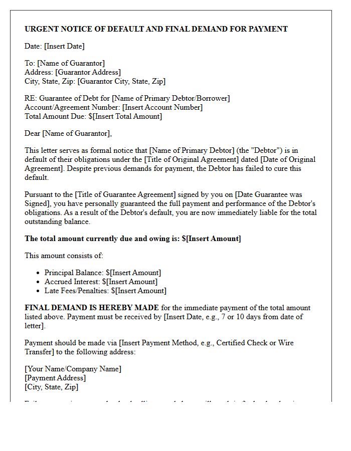 Notice of Default and Final Demand Letter to Guarantor