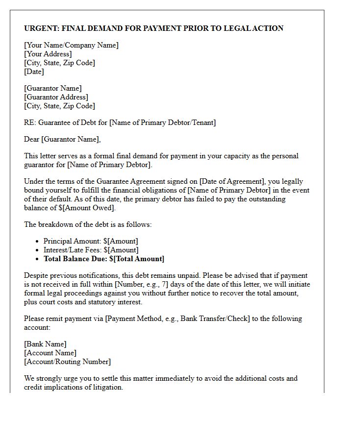 Pre-Legal Final Demand Letter to Guarantor