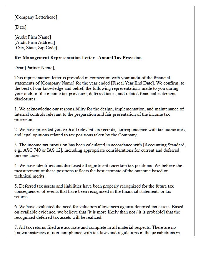 Annual Tax Provision Management Representation Letter