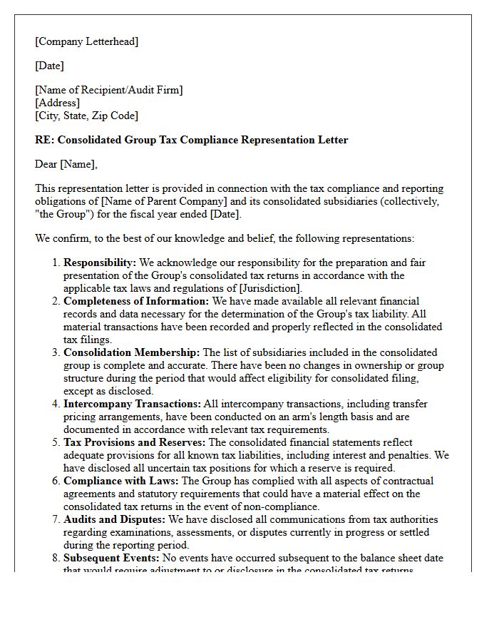 Consolidated Group Tax Compliance Representation Letter