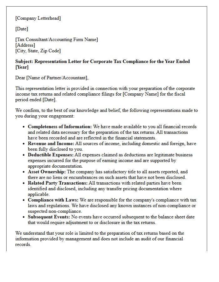 Corporate Tax Compliance Representation Letter