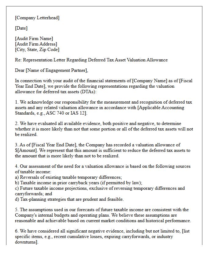Deferred Tax Asset Valuation Allowance Representation Letter
