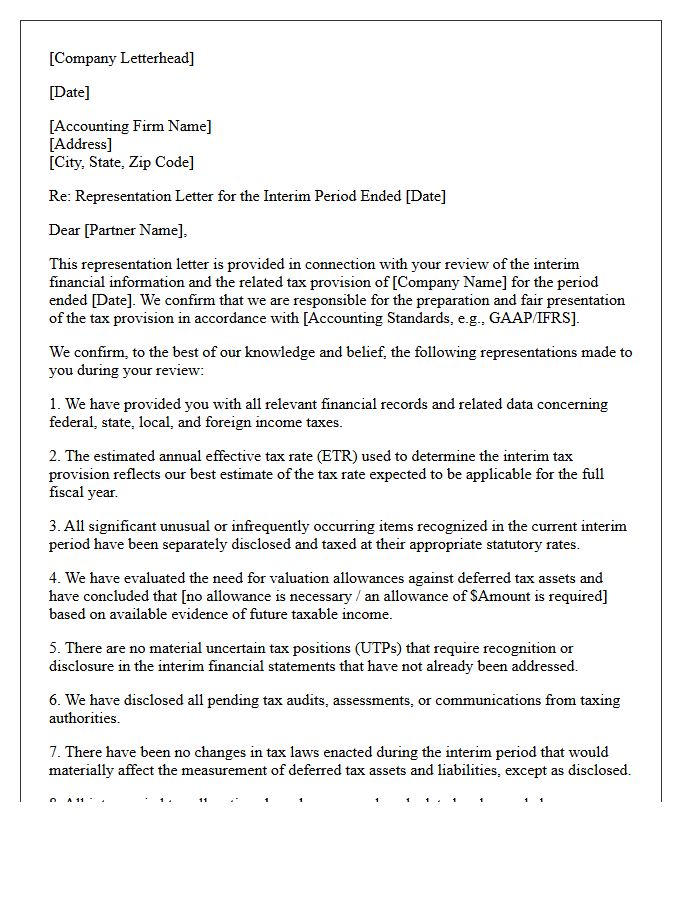 Interim Period Tax Provision Representation Letter