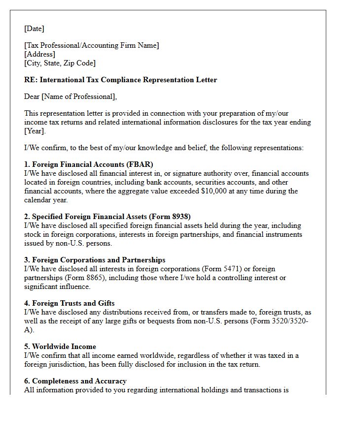 International Tax Compliance Representation Letter