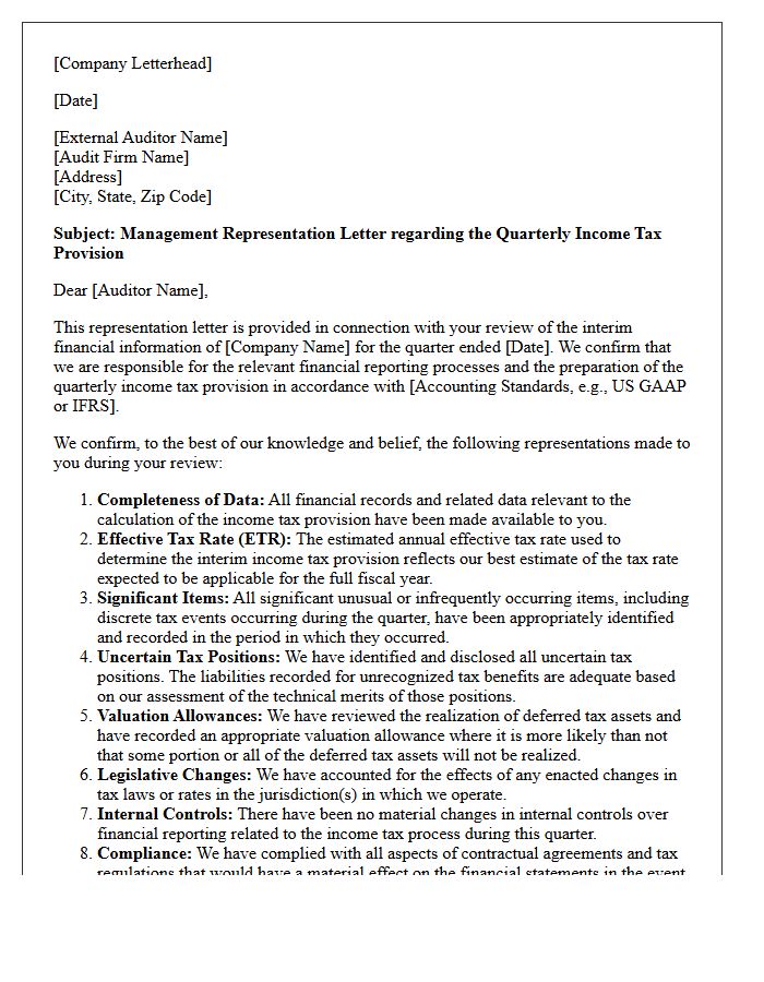 Quarterly Income Tax Provision Representation Letter