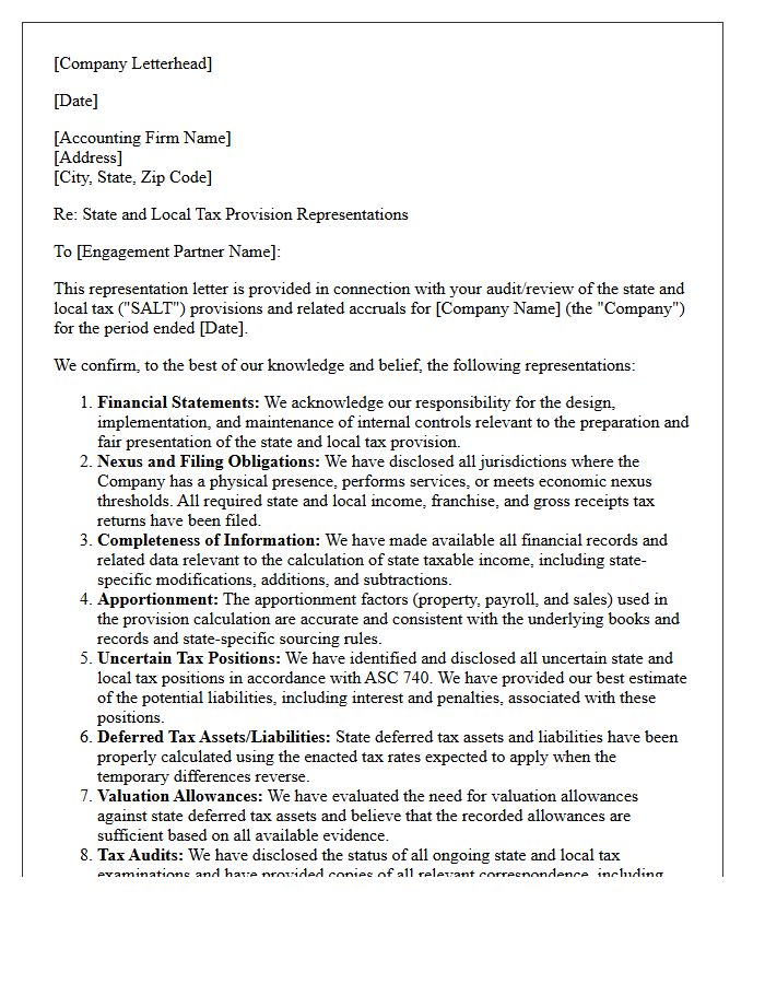 State and Local Tax Provision Representation Letter