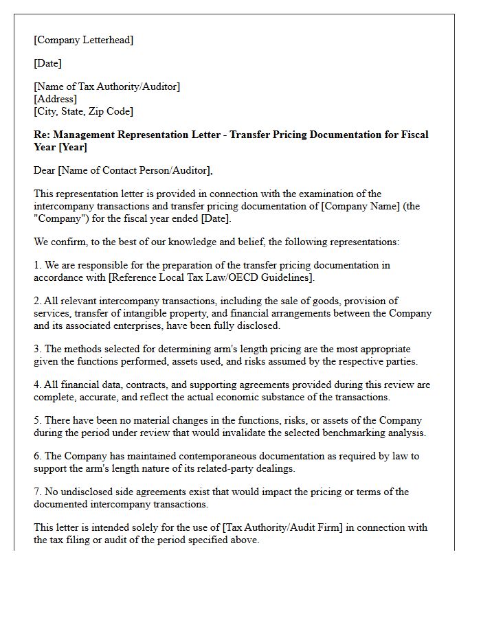 Transfer Pricing Tax Representation Letter