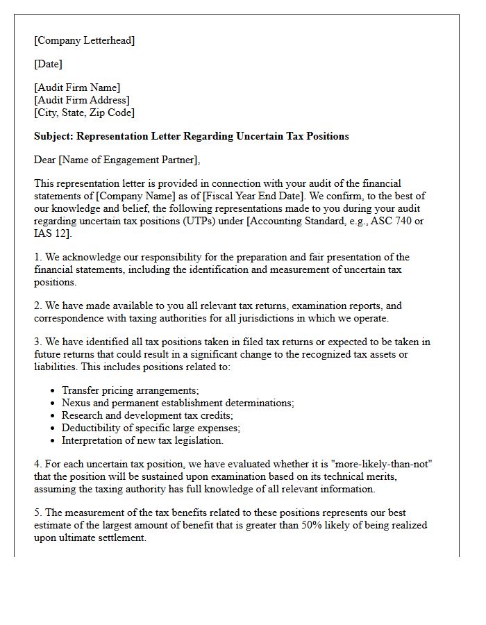 Uncertain Tax Positions Representation Letter