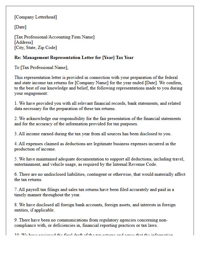 Year-End Tax Compliance Representation Letter