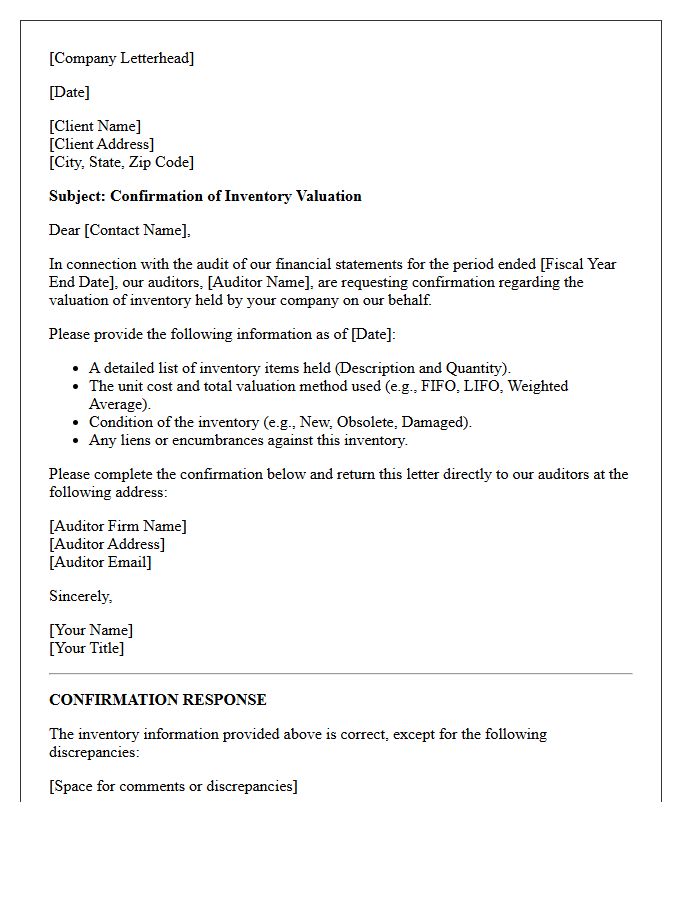 Auditor Inventory Valuation Confirmation Letter
