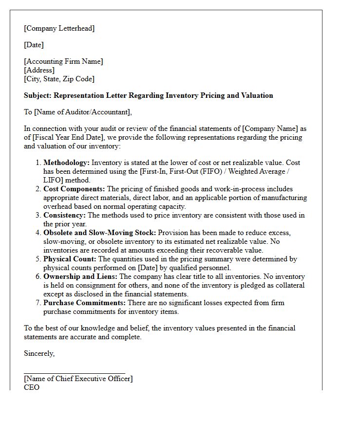 Client Representation Letter For Inventory Pricing