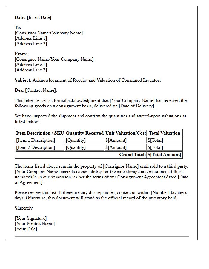 Consigned Inventory Acknowledgment And Valuation Letter