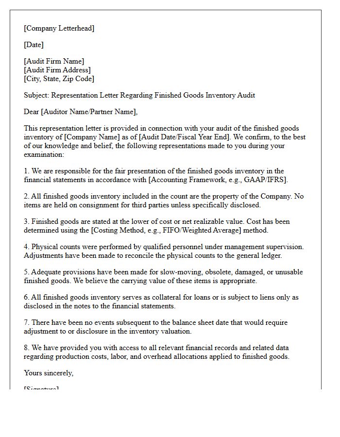 Finished Goods Inventory Audit Representation Letter