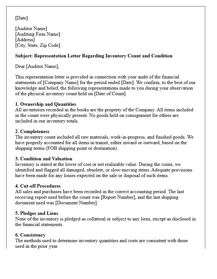 Inventory Count And Condition Representation Letter