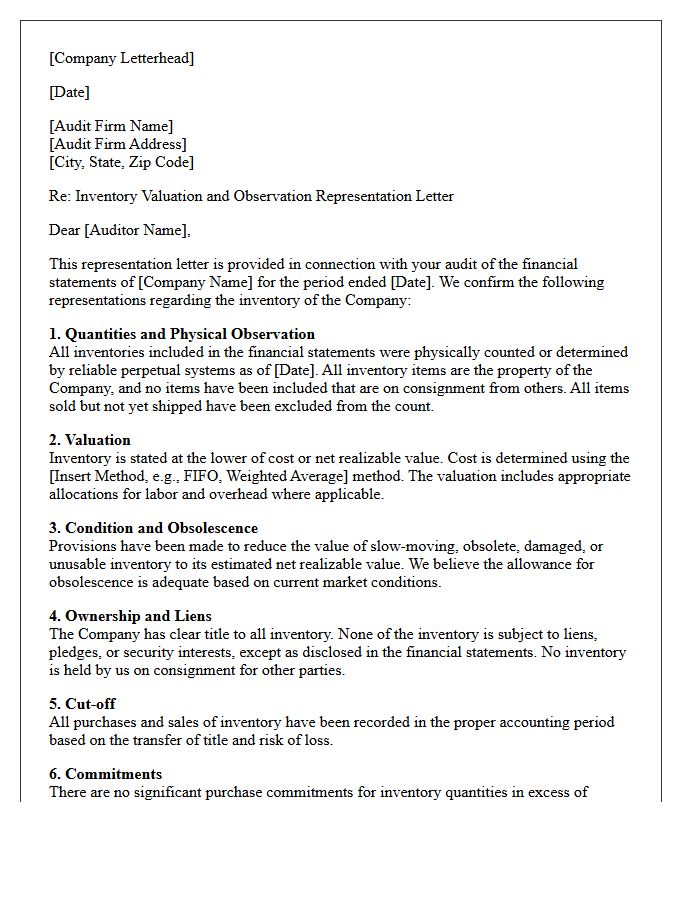Inventory Valuation And Observation Representation Letter