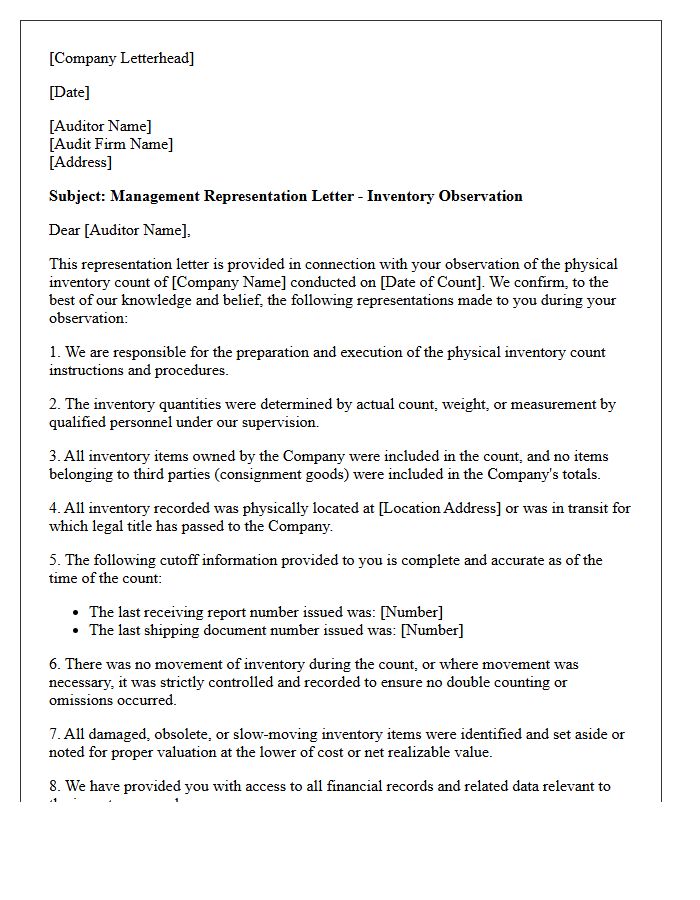 Management Representation Letter For Inventory Observation