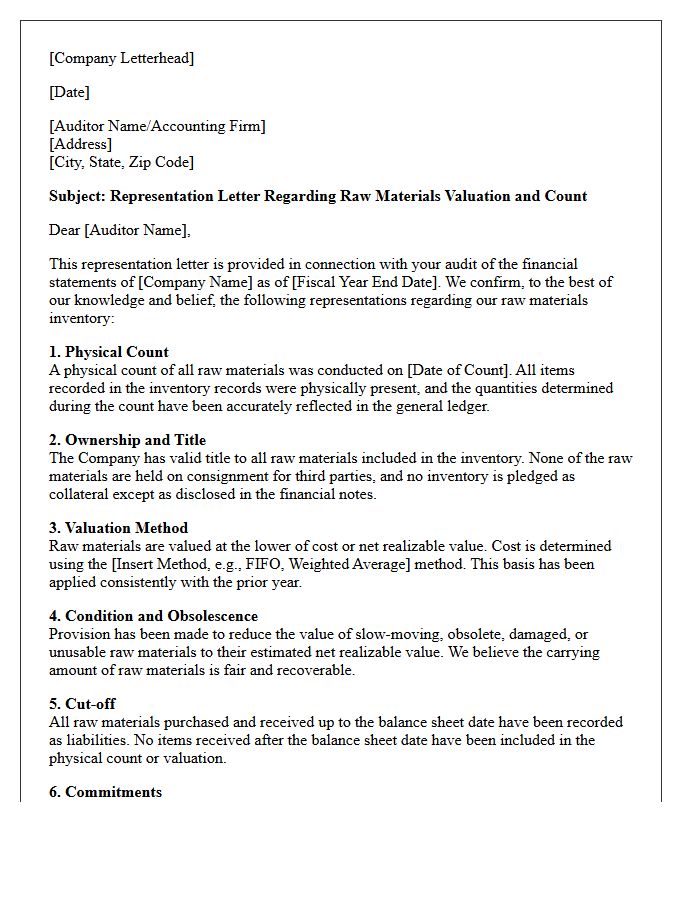 Raw Materials Valuation And Count Representation Letter