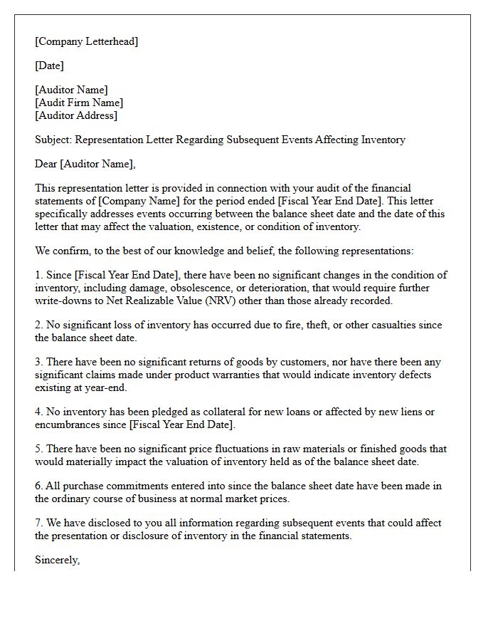 Subsequent Events Inventory Representation Letter