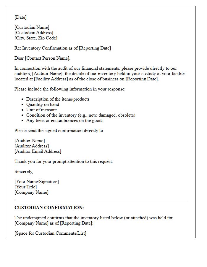 Third-Party Inventory Custodian Confirmation Letter