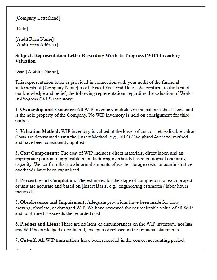 Work-In-Progress Inventory Valuation Representation Letter