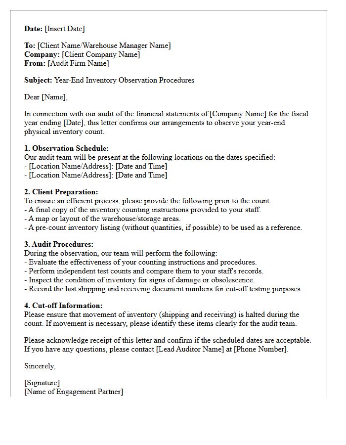 Year-End Inventory Observation Audit Letter