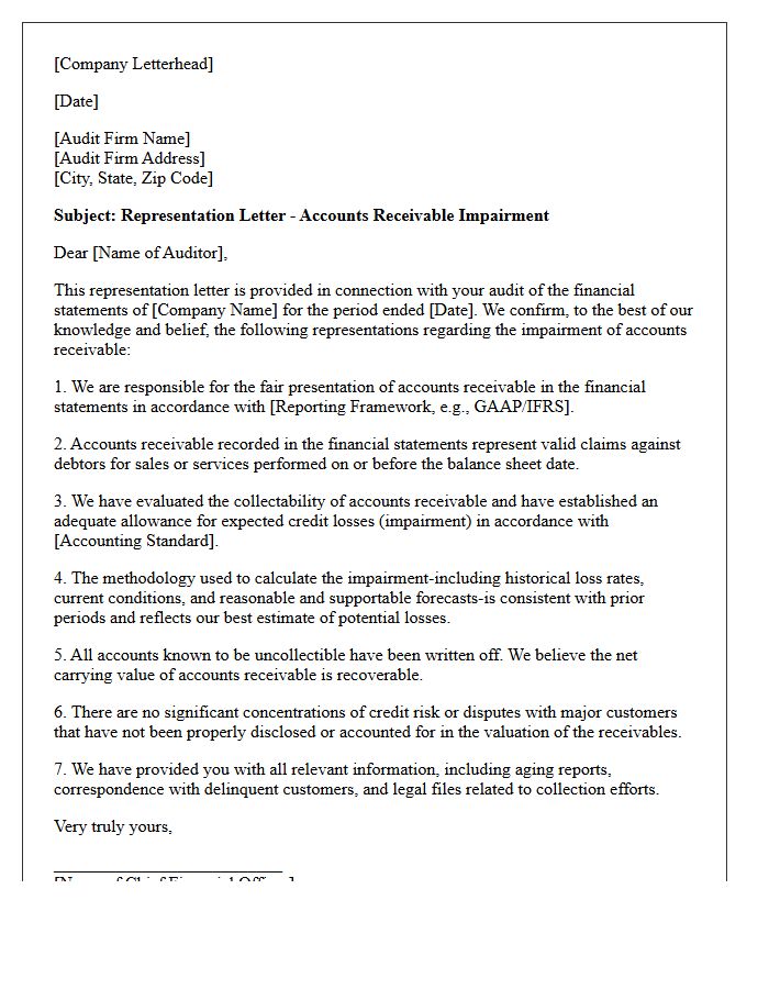 Accounts Receivable Impairment Representation Letter