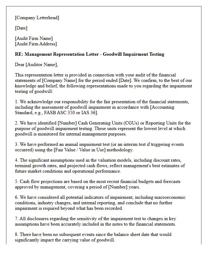 Goodwill Impairment Management Representation Letter