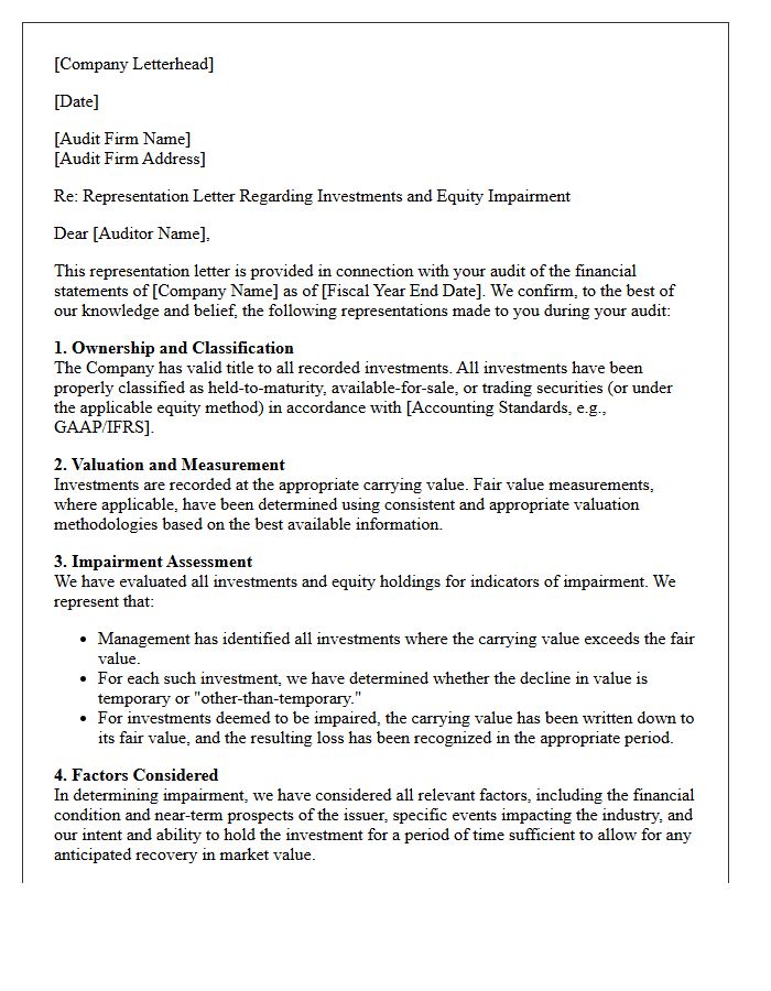 Investments and Equity Impairment Representation Letter