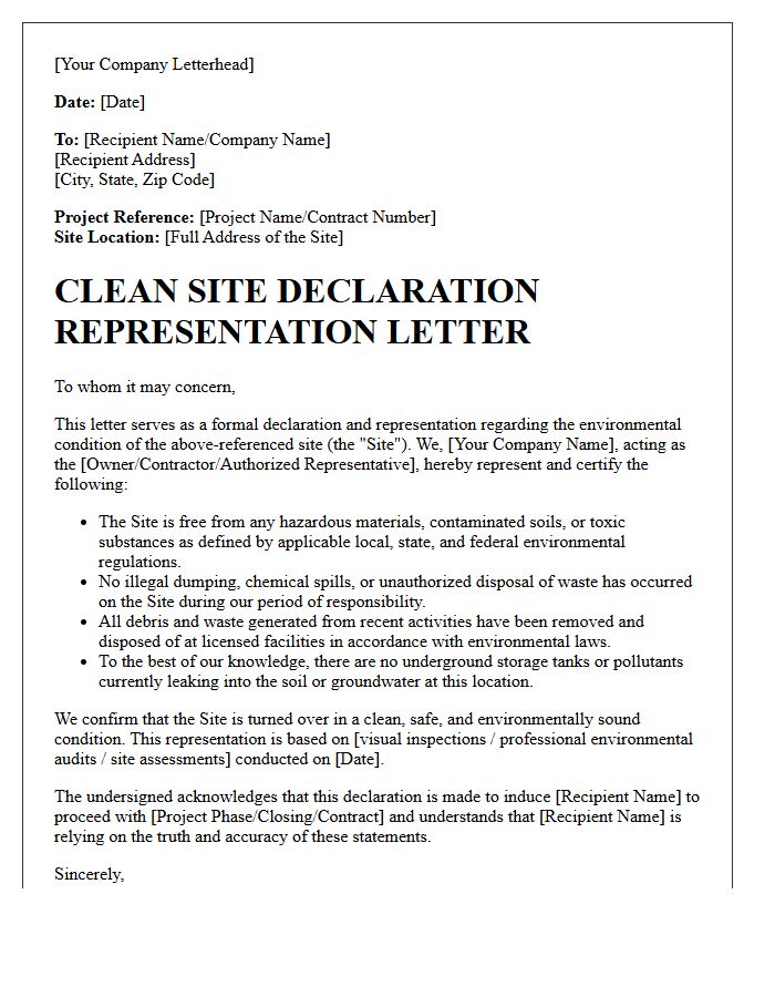 Clean Site Declaration Representation Letter