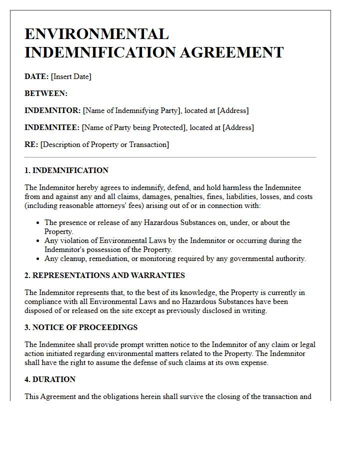 Environmental Indemnification Agreement Letter