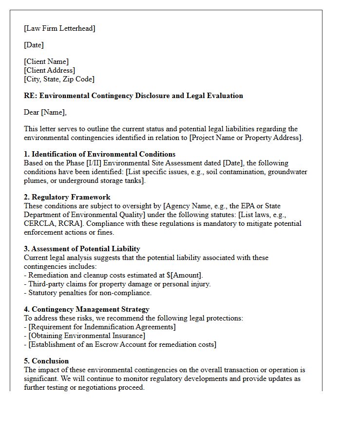 Legal Counsel Environmental Contingency Letter