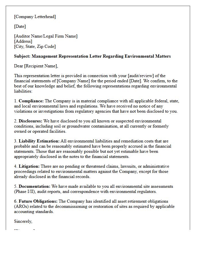 Management Environmental Liability Representation Letter