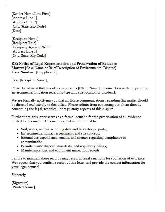 Pending Environmental Litigation Representation Letter