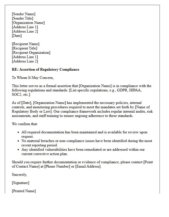 Regulatory Compliance Assertion Letter