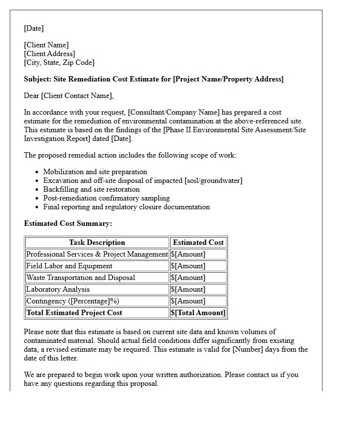 Site Remediation Cost Estimate Letter