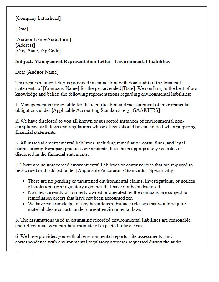 Unrecorded Environmental Liabilities Representation Letter