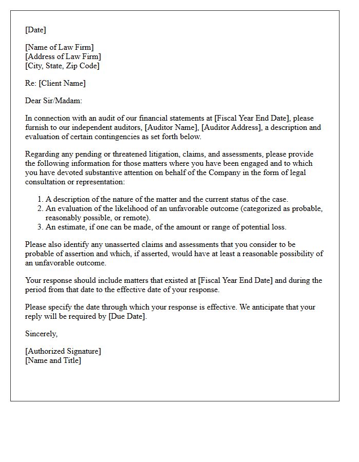 Audit Inquiry Letter Regarding Pending Litigation