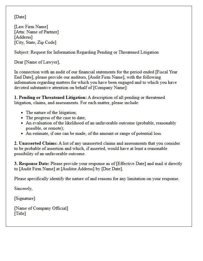 Auditor Request Letter for Litigation Status