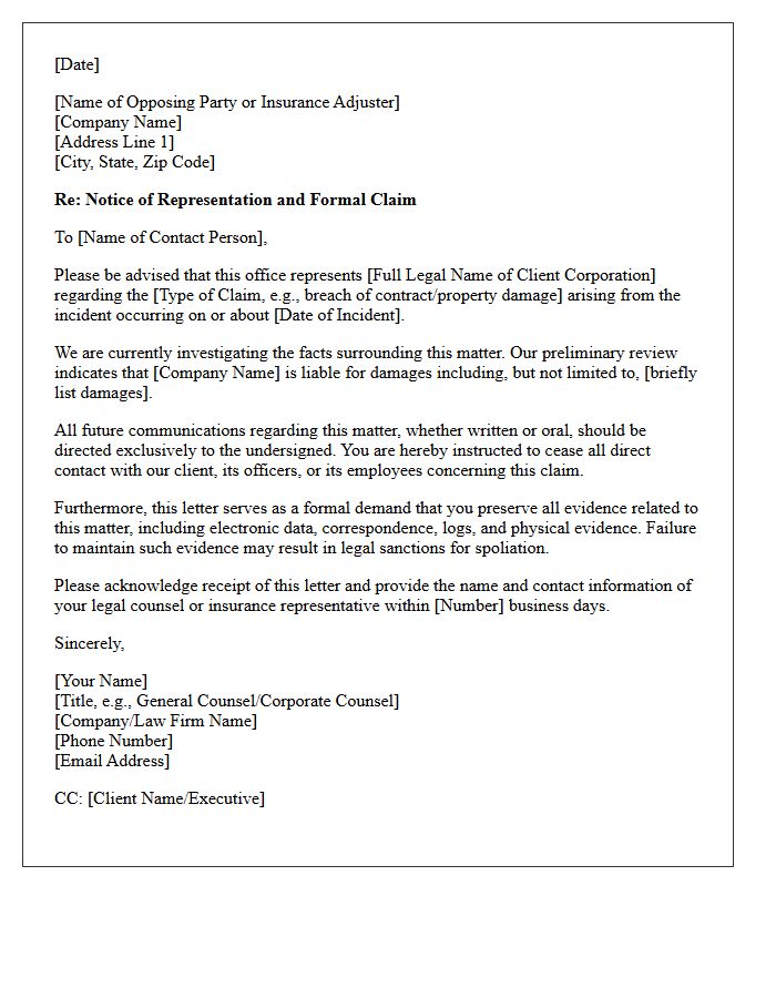 Corporate Counsel Claims Representation Letter