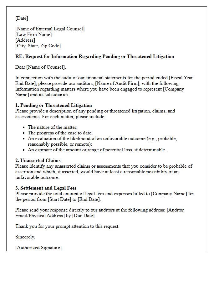 External Legal Counsel Pending Claims Letter