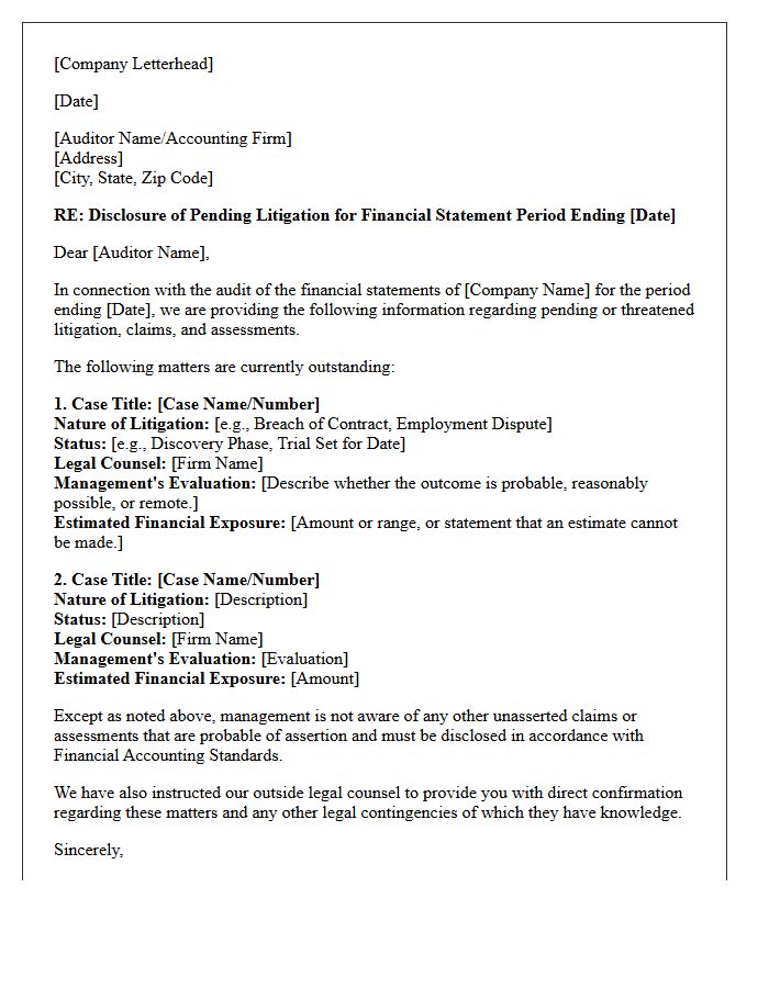 Financial Statement Pending Litigation Disclosure Letter