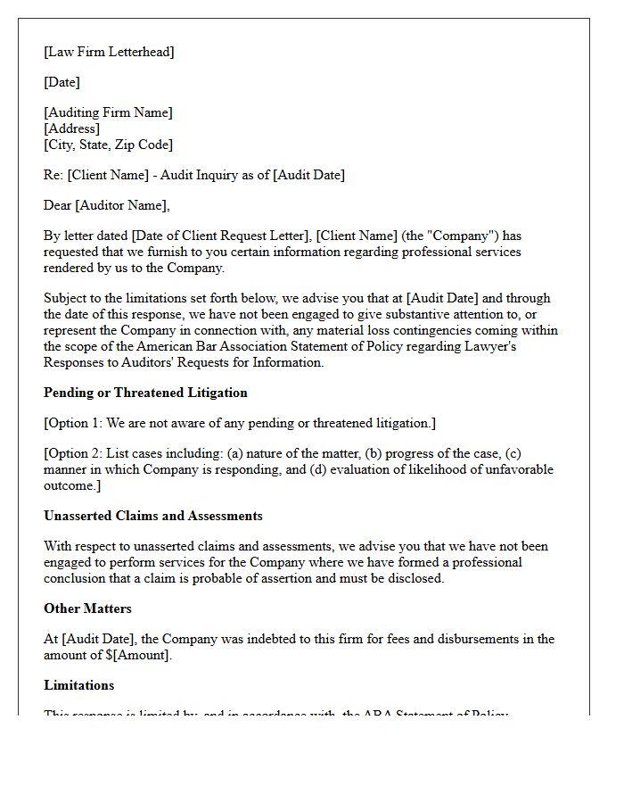 Lawyer Response Letter to Audit Inquiry