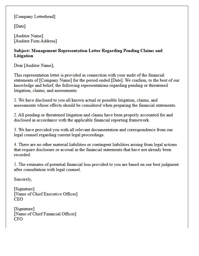 Management Representation Letter for Pending Claims