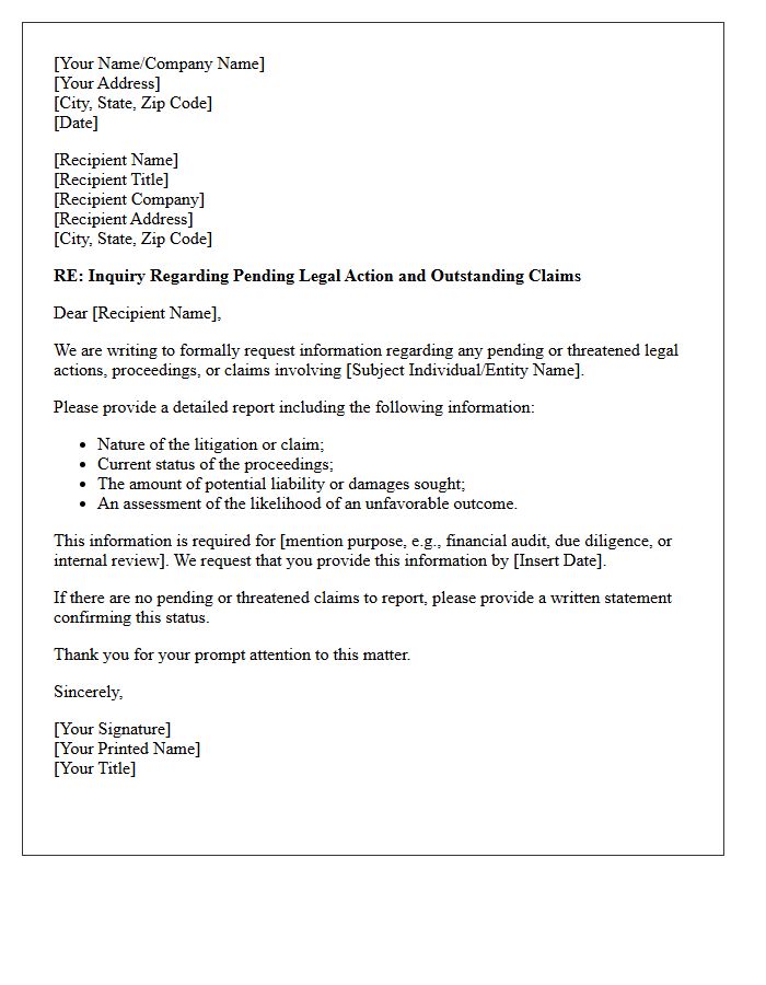 Pending Legal Action and Claims Inquiry Letter