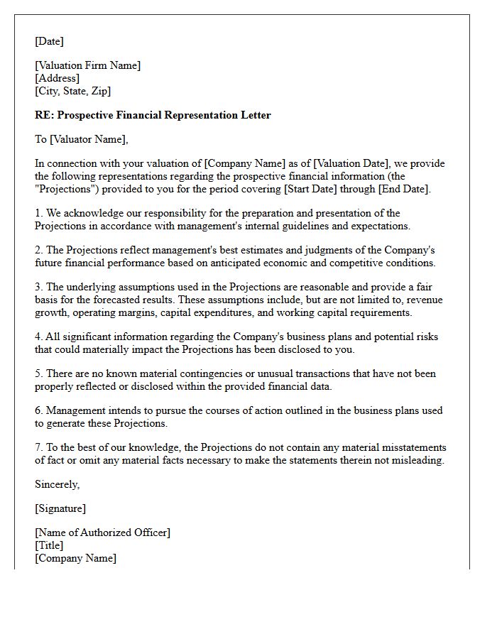 Business Valuation Prospective Financial Representation Letter