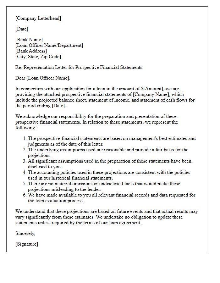 Loan Application Prospective Financial Statements Representation Letter