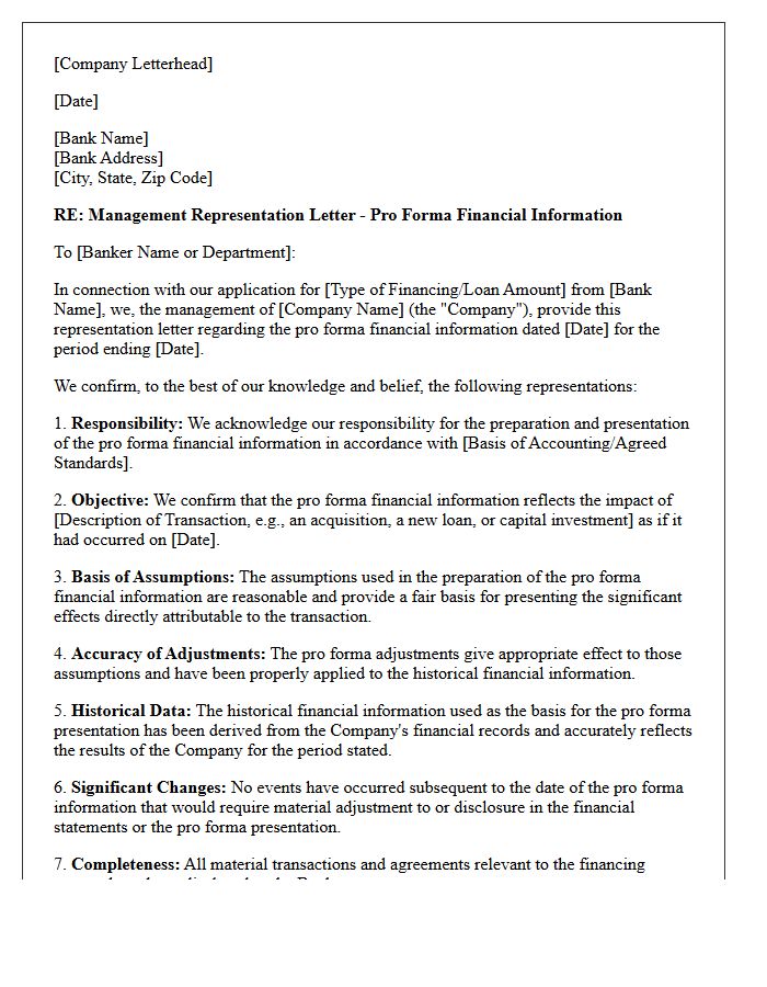 Bank Financing Pro Forma Financial Information Representation Letter