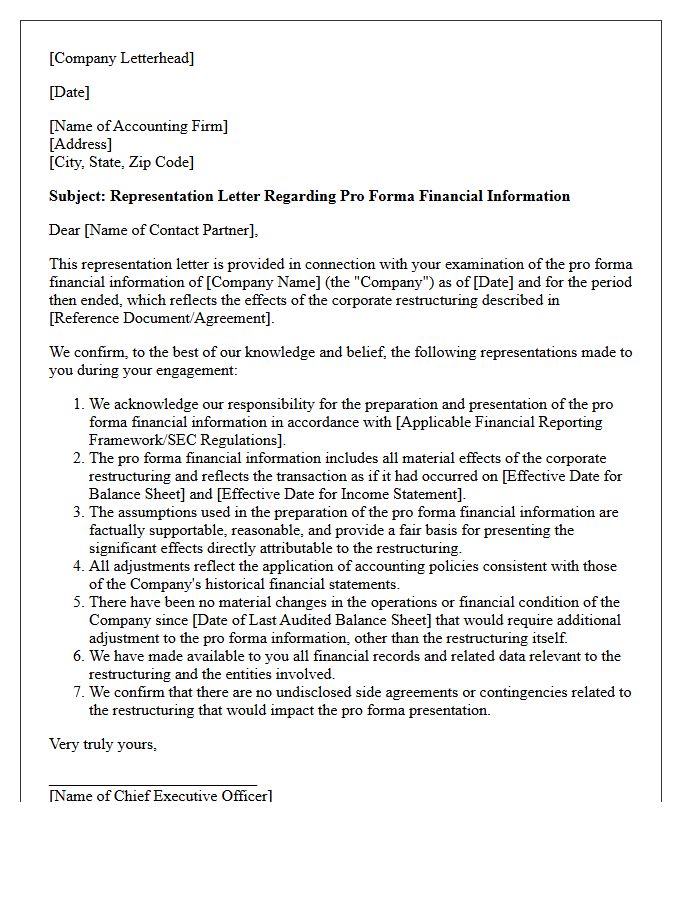 Corporate Restructuring Pro Forma Financial Information Representation Letter