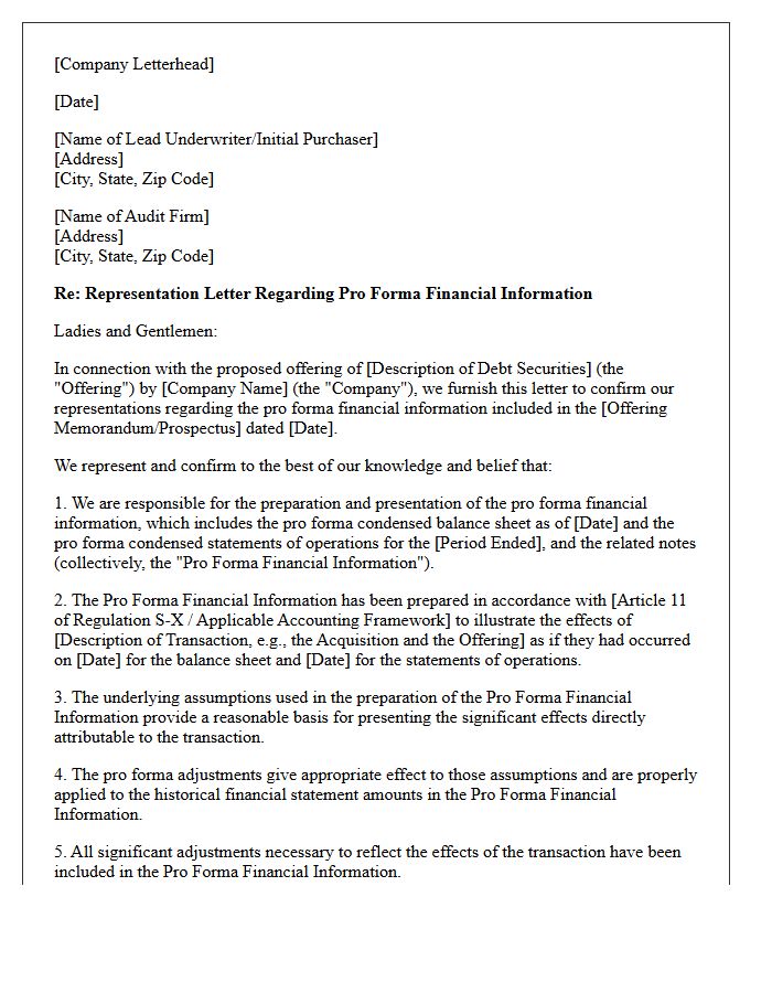 Debt Offering Pro Forma Financial Information Representation Letter